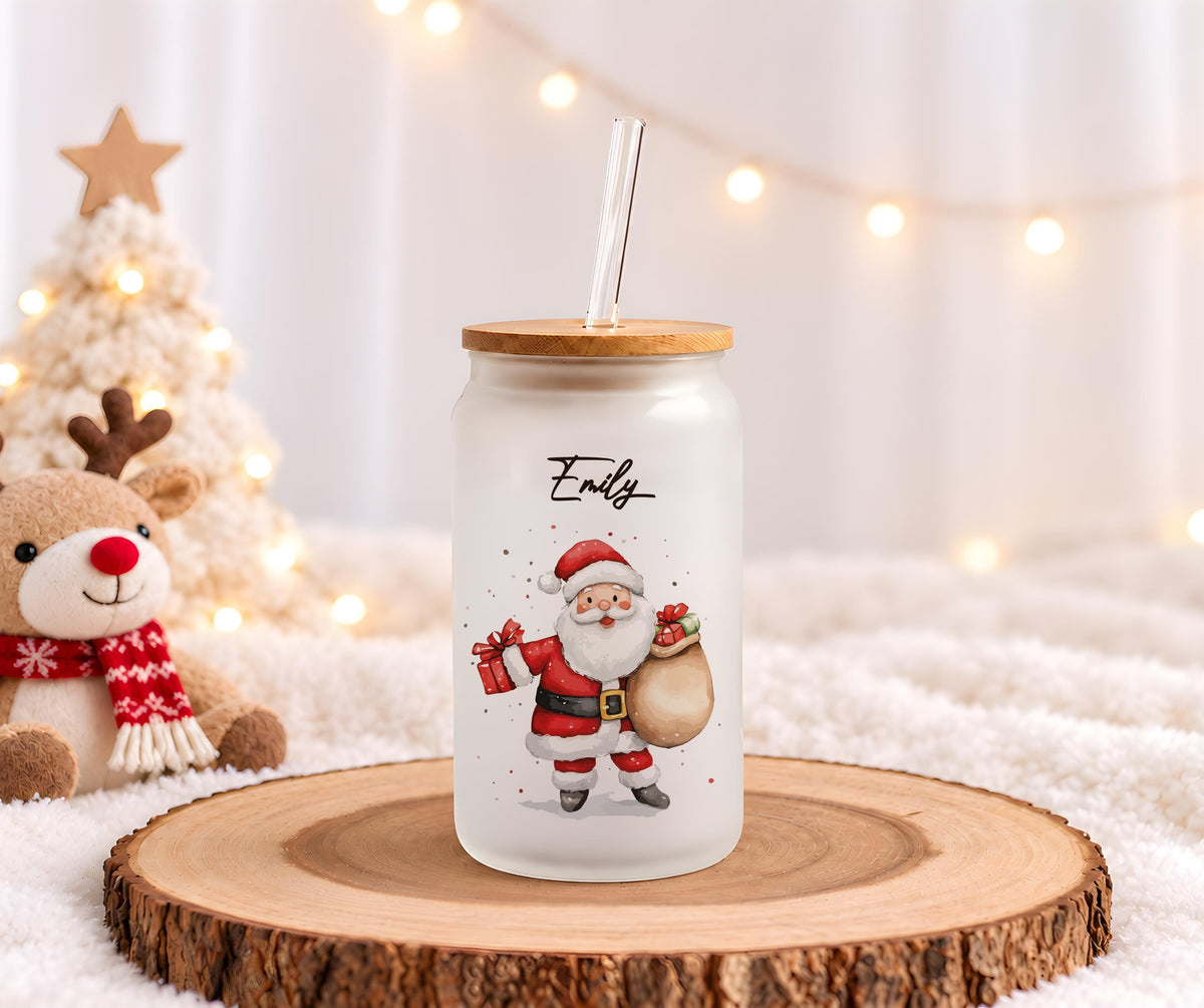 Custom Name Christmas Character Glass Can Cup, Personalized Holiday Bamboo Lid Tumbler