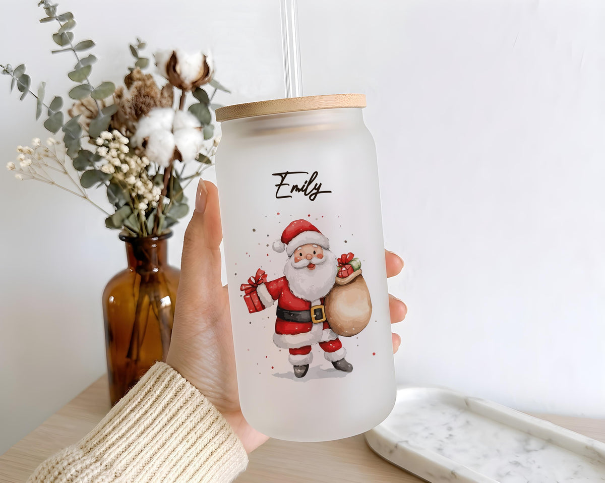 Custom Name Christmas Character Glass Can Cup, Personalized Holiday Bamboo Lid Tumbler