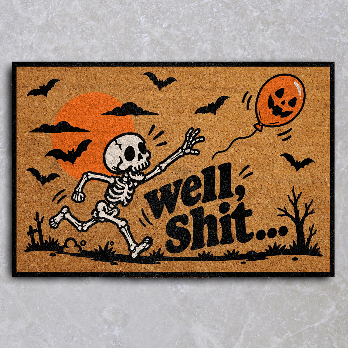 Funny Skeleton Well Shit Halloween Doormat, Spooky Pumpkin Balloon Porch Welcome Mat