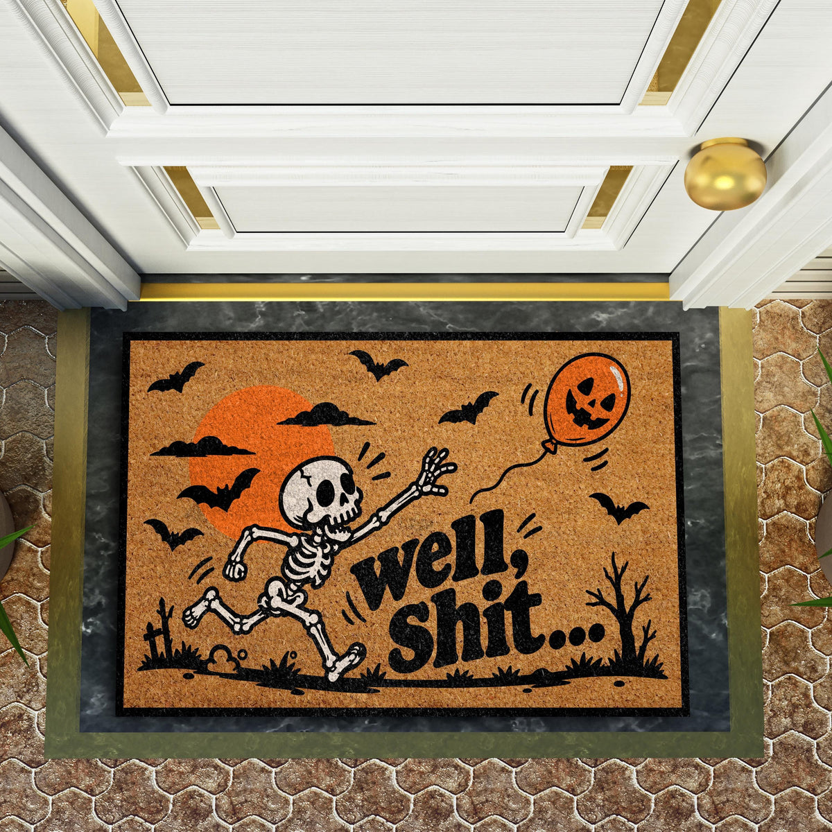 Funny Skeleton Well Shit Halloween Doormat, Spooky Pumpkin Balloon Porch Welcome Mat