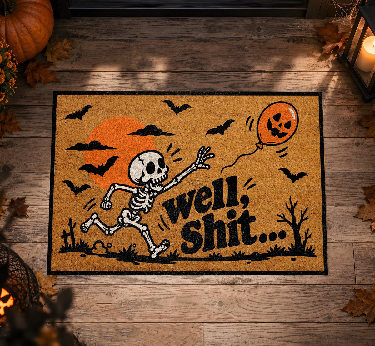 Funny Skeleton Well Shit Halloween Doormat, Spooky Pumpkin Balloon Porch Welcome Mat