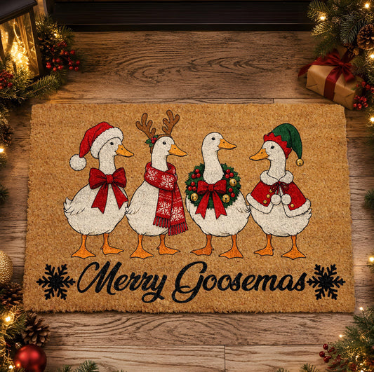Merry Goosemas Christmas Welcome Mat, Cute Goose Winter Holiday Doormat