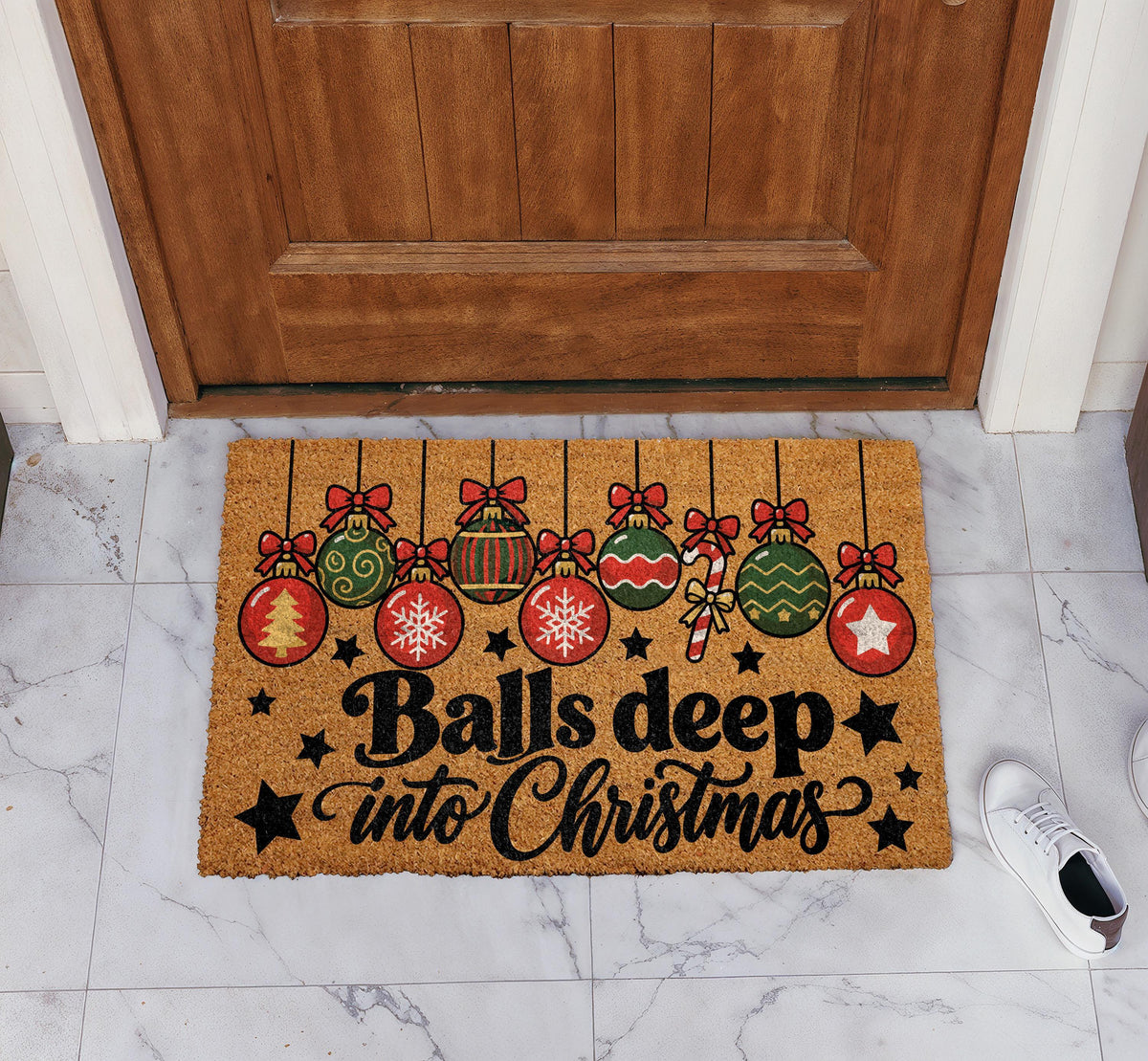 Balls Deep Into Christmas Doormat, Funny Xmas Ornaments Welcome Mat