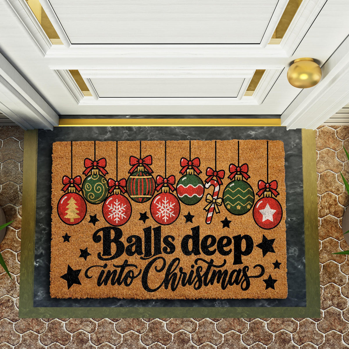 Balls Deep Into Christmas Doormat, Funny Xmas Ornaments Welcome Mat