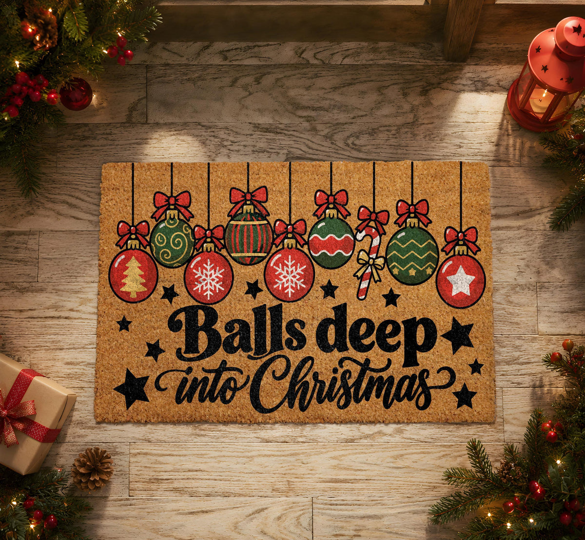 Balls Deep Into Christmas Doormat, Funny Xmas Ornaments Welcome Mat