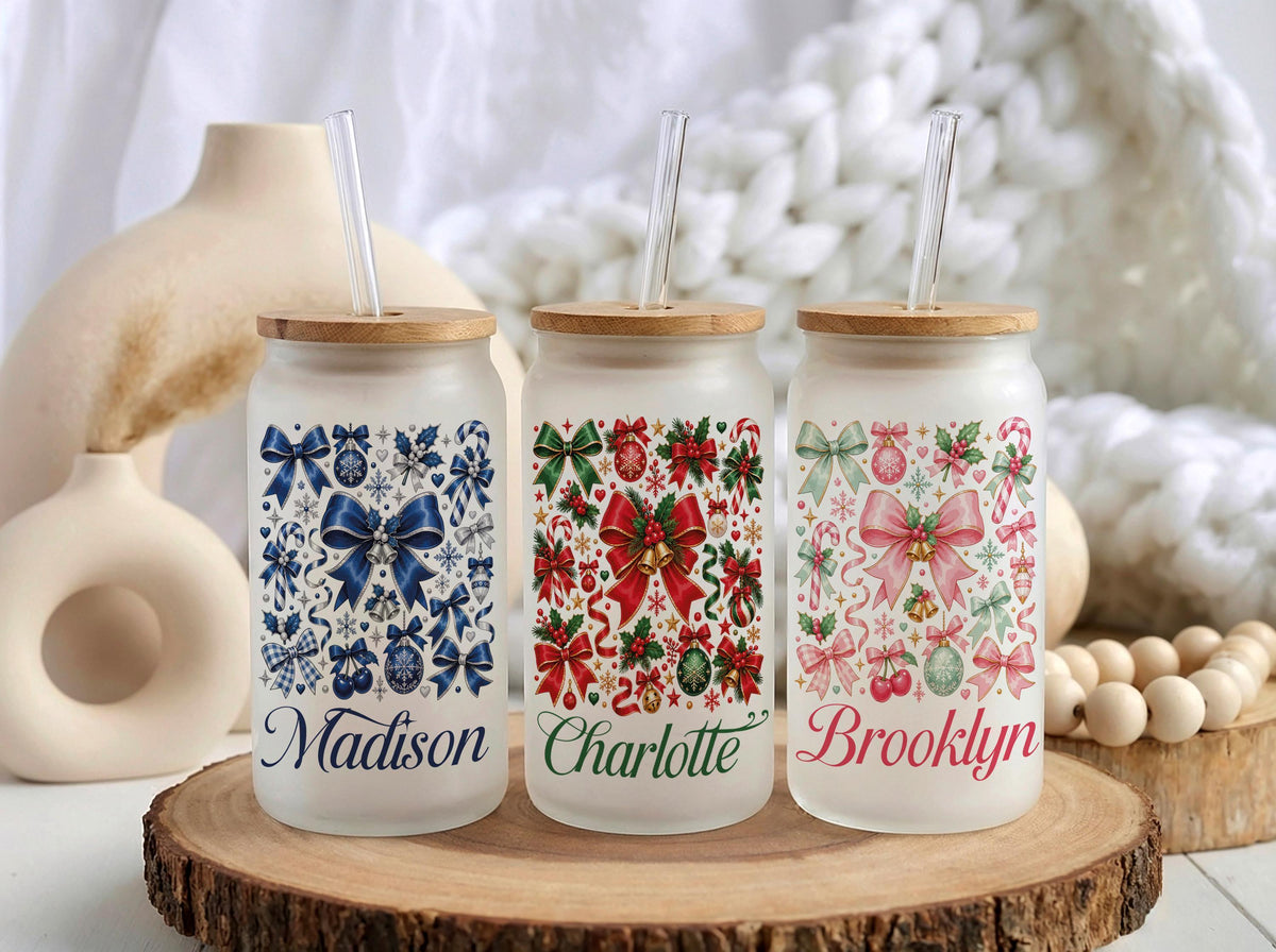 Custom Name Coquette Christmas Bow Glass Can Cup, Bamboo Lid Iced Coffee Tumbler