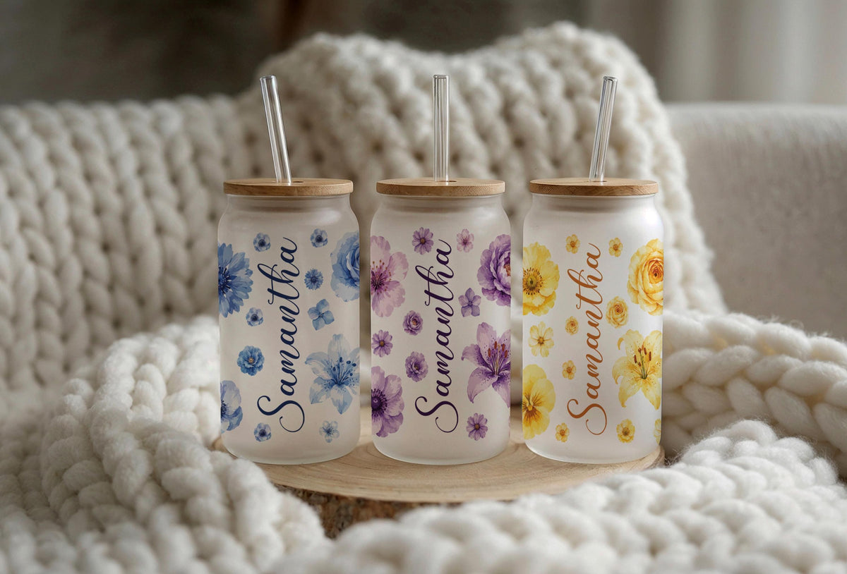 Personalized Floral Glass Tumbler with Straw, Custom Name Boho Iced Coffee Cup