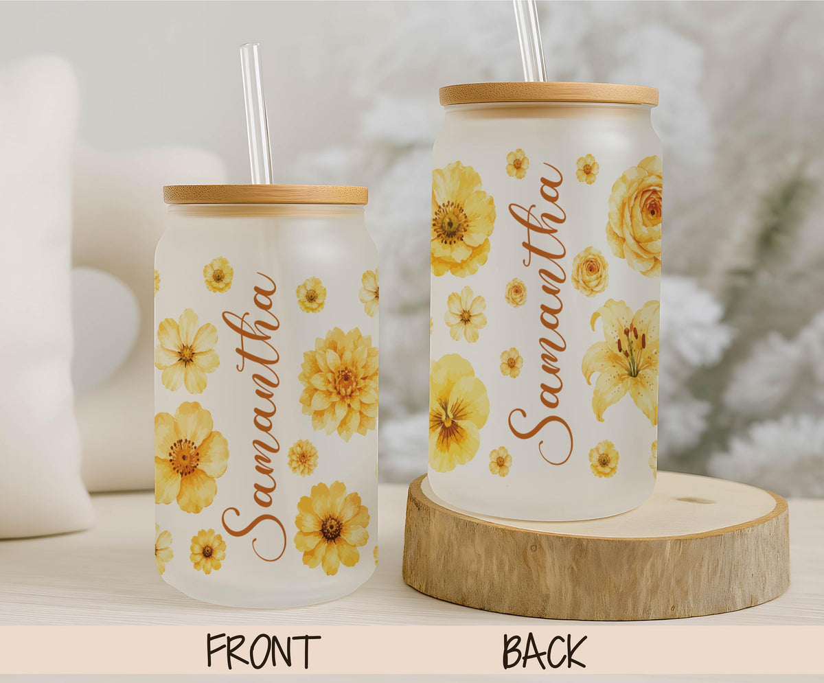 Personalized Floral Glass Tumbler with Straw, Custom Name Boho Iced Coffee Cup