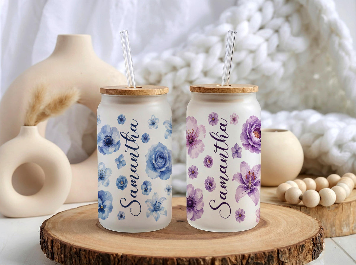 Personalized Floral Glass Tumbler with Straw, Custom Name Boho Iced Coffee Cup