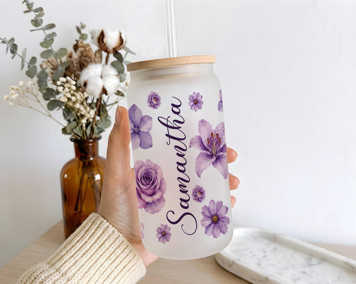 Personalized Floral Glass Tumbler with Straw, Custom Name Boho Iced Coffee Cup