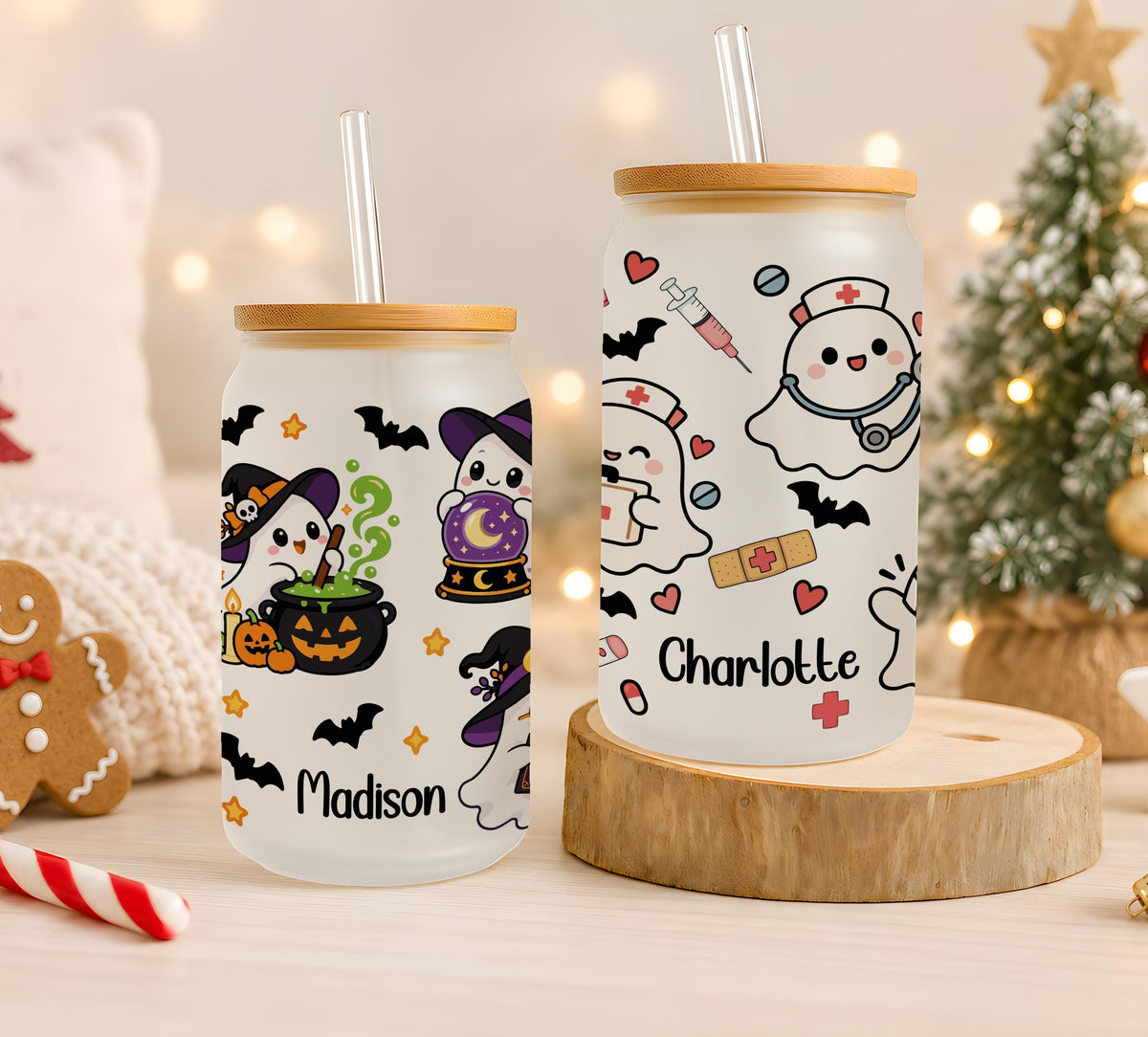 Personalized Cute Spooky Ghost Glass Tumbler, Custom Ghost Nurse Halloween Iced Coffee Cup