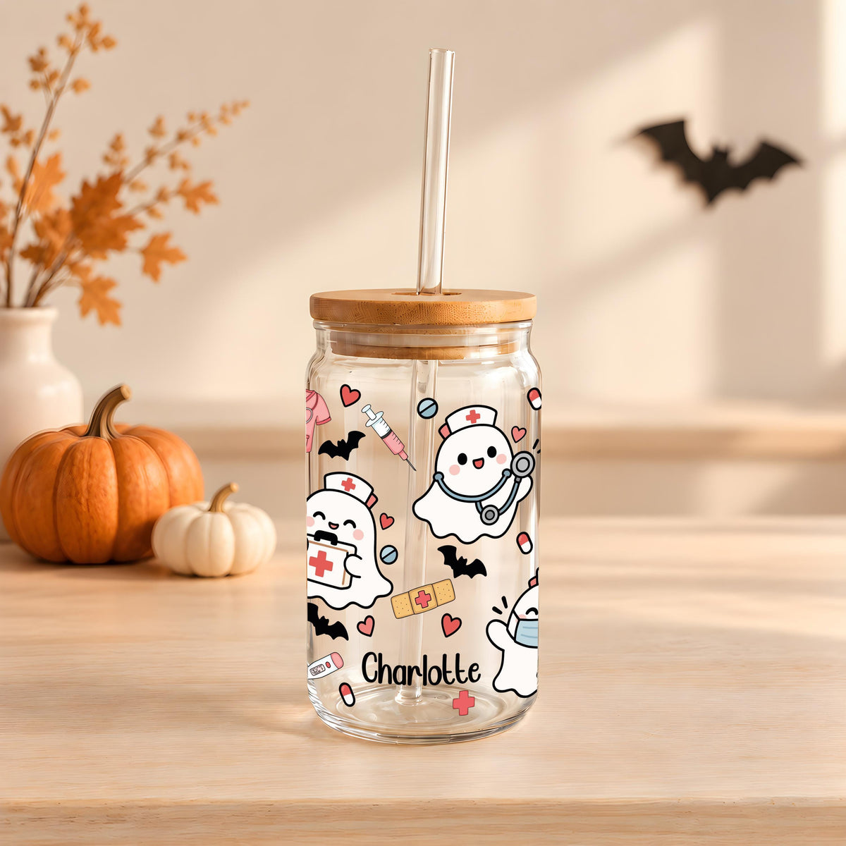 Personalized Cute Spooky Ghost Glass Tumbler, Custom Ghost Nurse Halloween Iced Coffee Cup