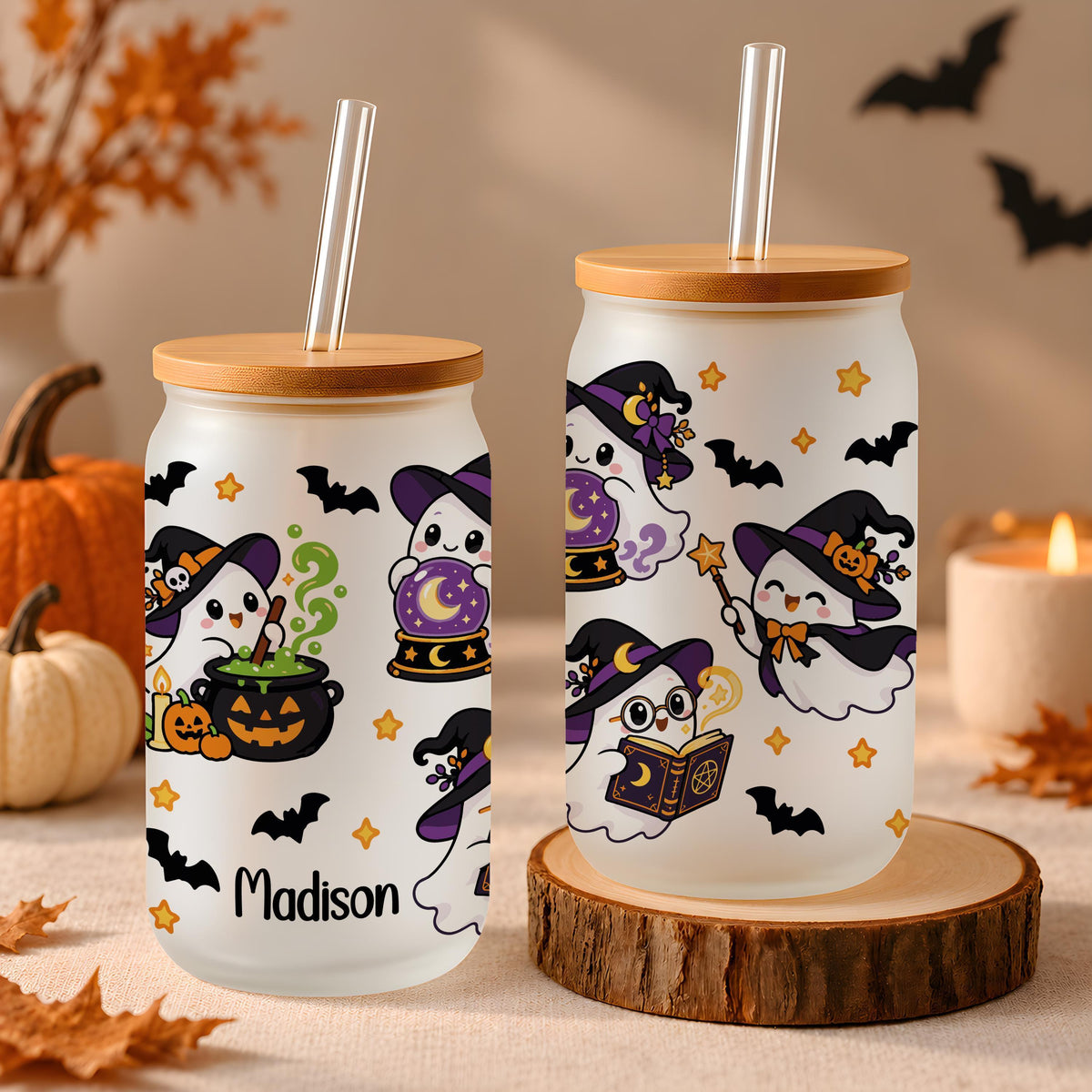 Personalized Cute Spooky Ghost Glass Tumbler, Custom Ghost Nurse Halloween Iced Coffee Cup