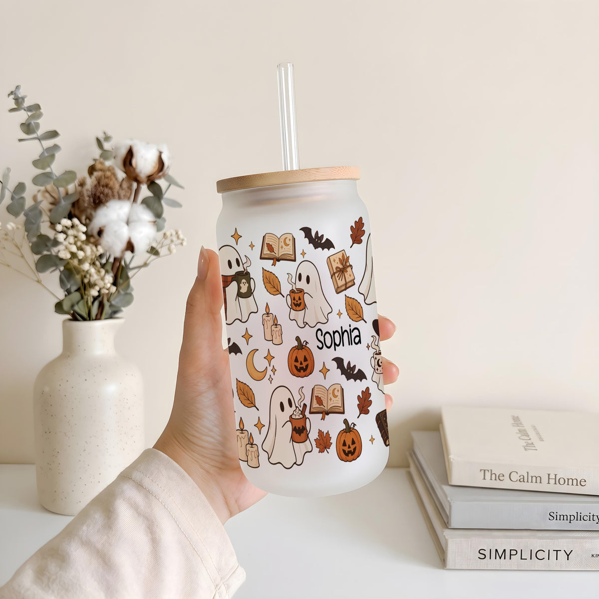 Custom Name Cute Fall Ghost Glass Can Cup, Halloween Cozy Reader Iced Coffee Tumbler