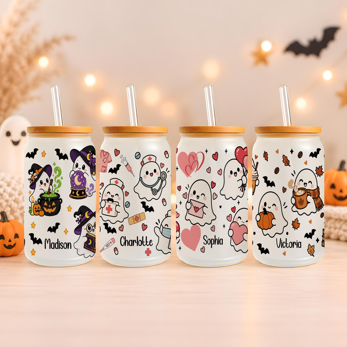 Custom Name Ghost Halloween Glass Can Cup, Cute Witch Ghost Iced Coffee Tumbler with Straw