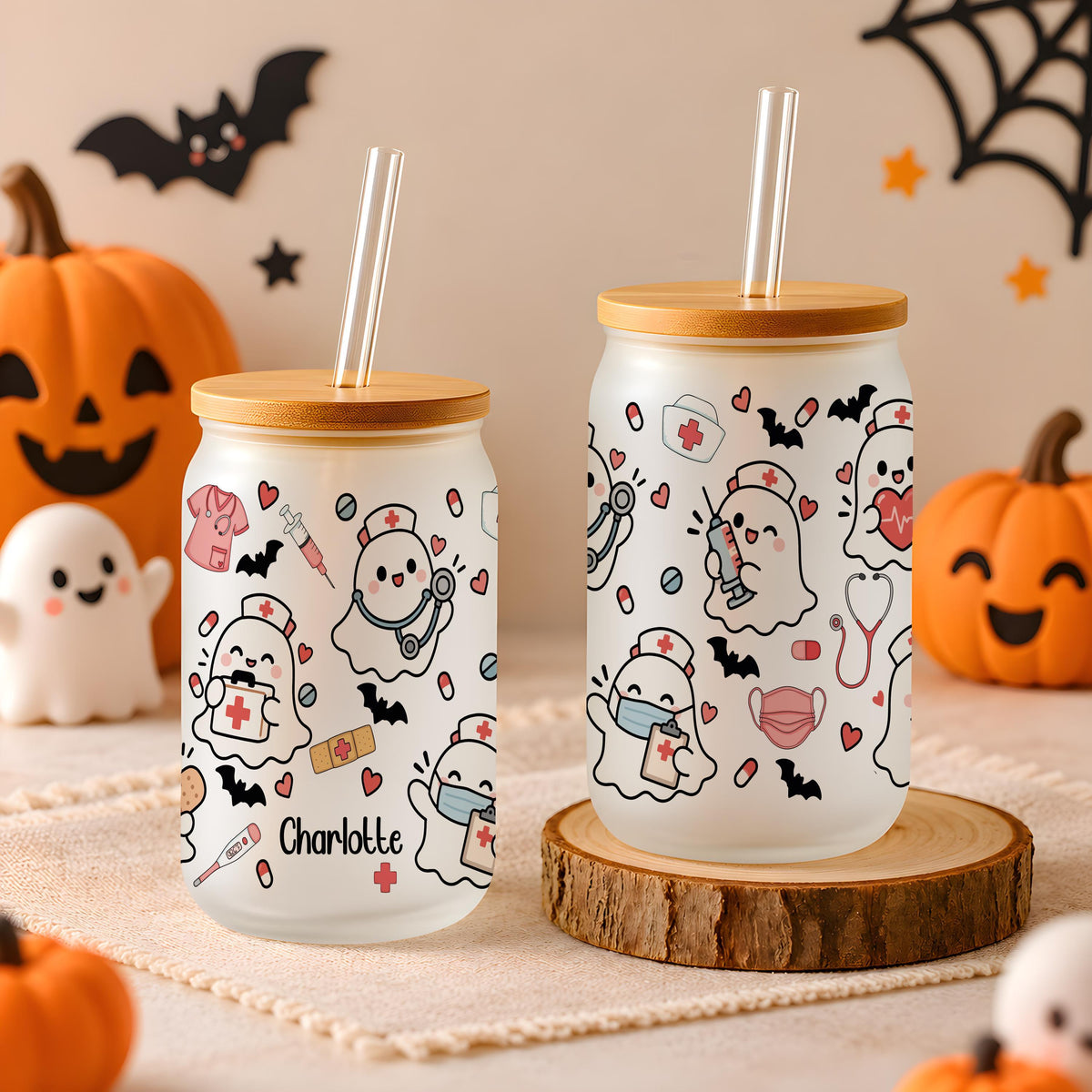 Custom Name Ghost Halloween Glass Can Cup, Cute Witch Ghost Iced Coffee Tumbler with Straw