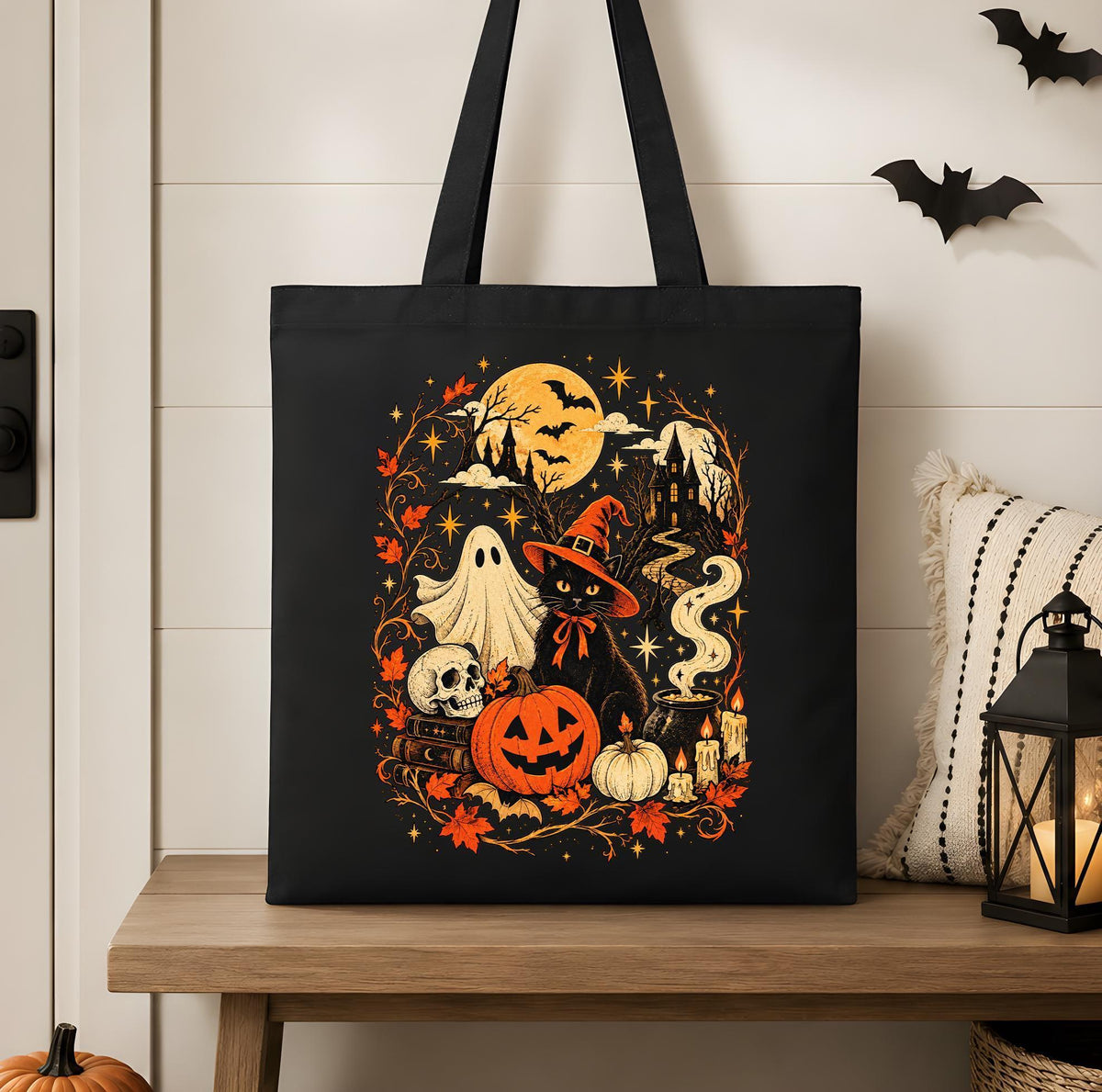 Retro Witchy Halloween Canvas Tote Bag, Spooky Ghost Pumpkin Black Cat Trick or Treat Bag