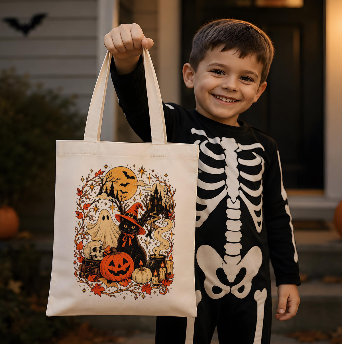 Retro Witchy Halloween Canvas Tote Bag, Spooky Ghost Pumpkin Black Cat Trick or Treat Bag