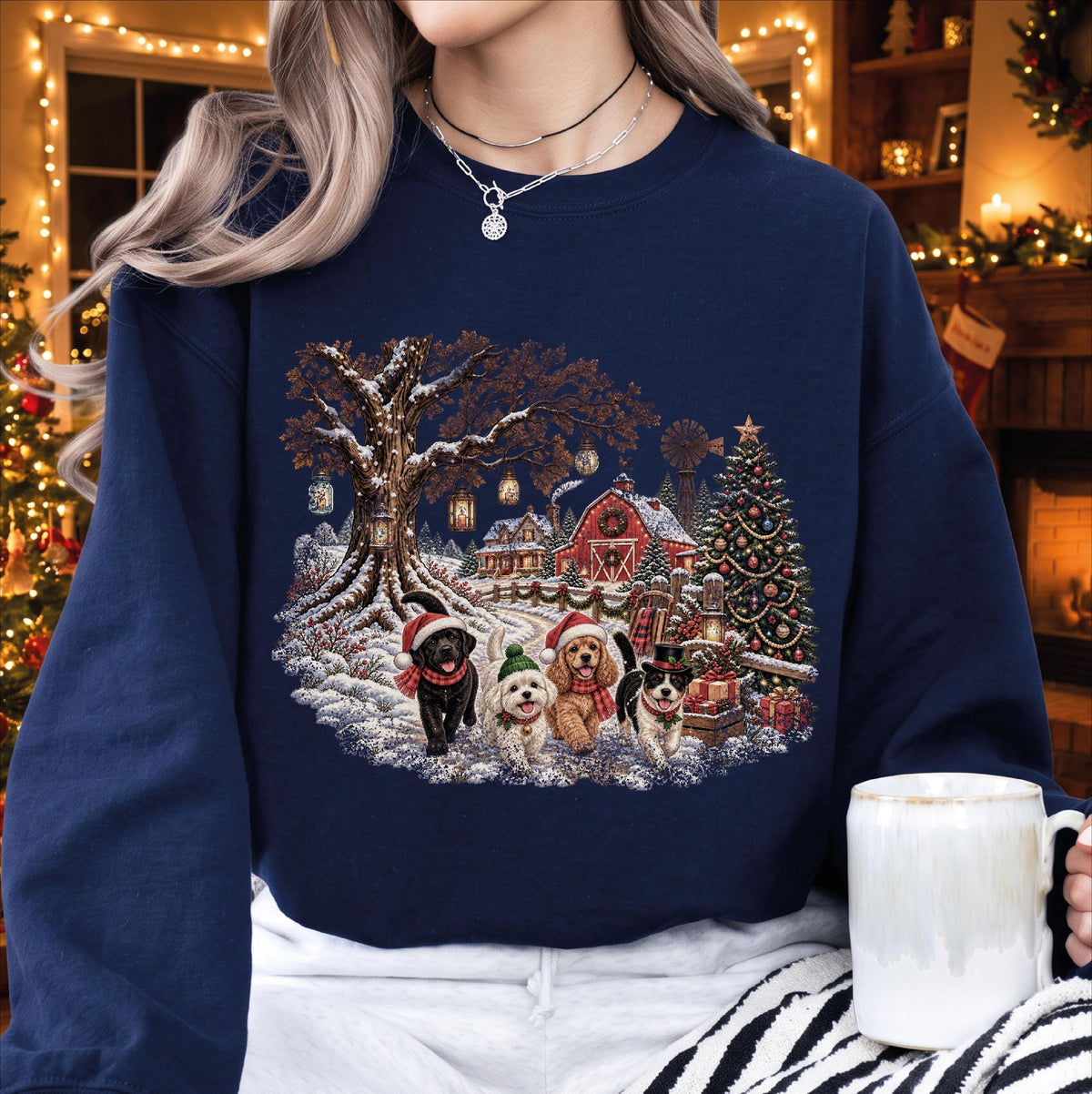 Vintage Christmas Dog Sweatshirt, Winter Farm Tee, Rustic Holiday Puppy Top, Cozy Barn Christmas Tree Graphic, Dog Mom Xmas Gift