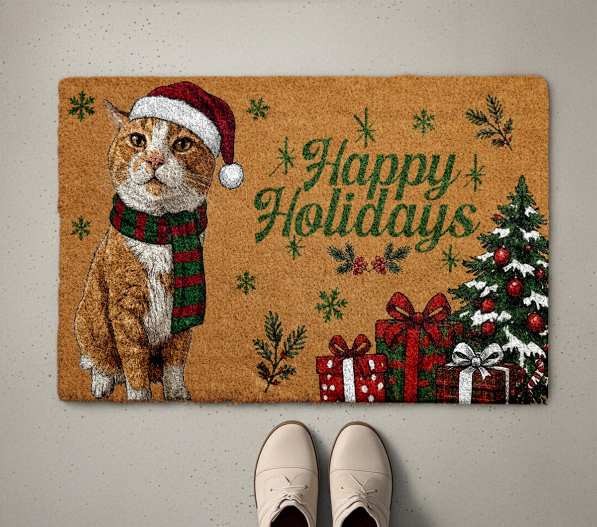 Custom Pet Christmas Doormat, Happy Holidays Pet Welcome Mat, Personalized Puppy Portrait Rug, Winter Front Porch Decor, Dog Lover Gift