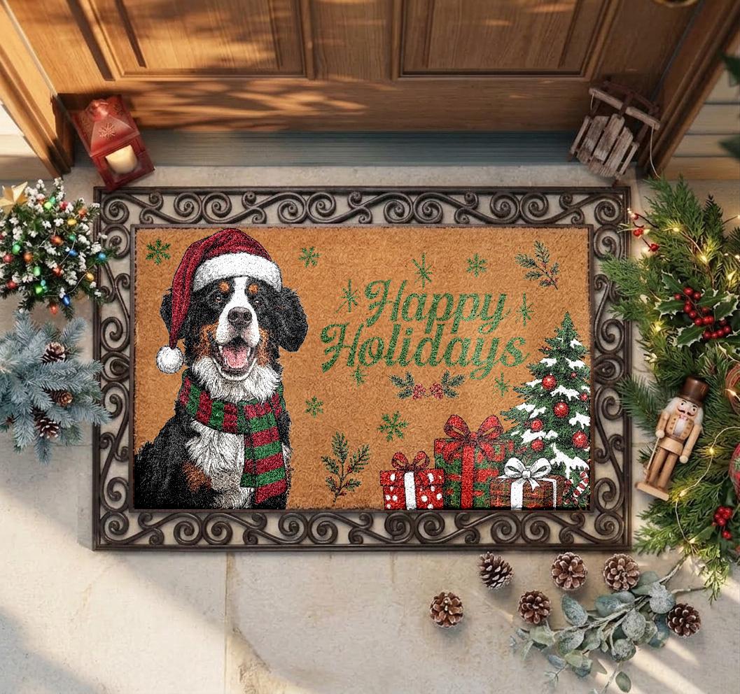 Custom Pet Christmas Doormat, Happy Holidays Pet Welcome Mat, Personalized Puppy Portrait Rug, Winter Front Porch Decor, Dog Lover Gift