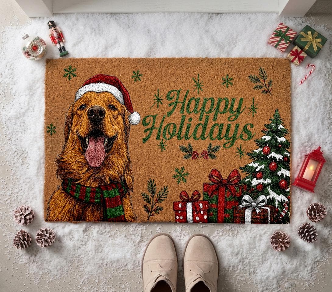 Custom Pet Christmas Doormat, Happy Holidays Pet Welcome Mat, Personalized Puppy Portrait Rug, Winter Front Porch Decor, Dog Lover Gift