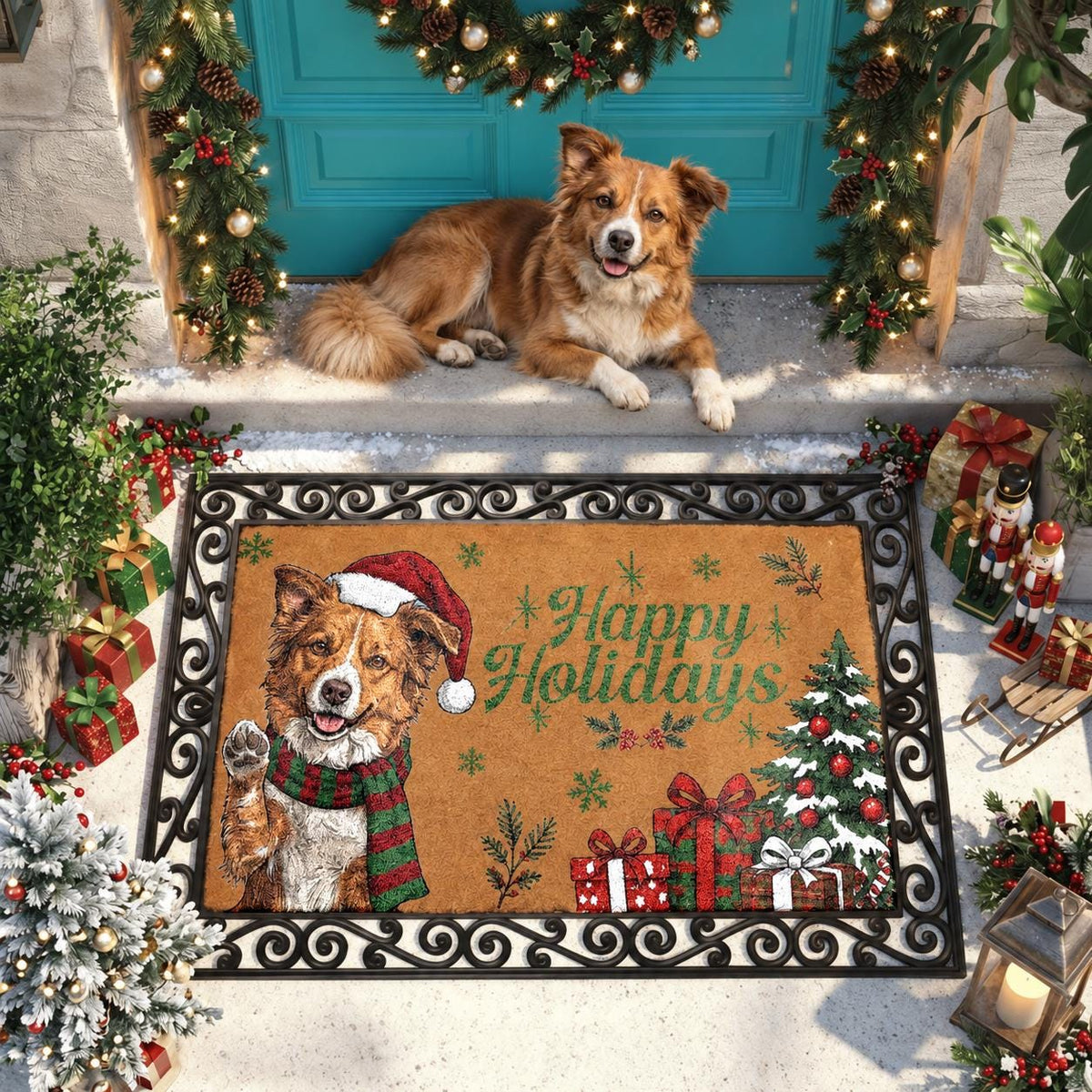 Custom Pet Christmas Doormat, Happy Holidays Pet Welcome Mat, Personalized Puppy Portrait Rug, Winter Front Porch Decor, Dog Lover Gift