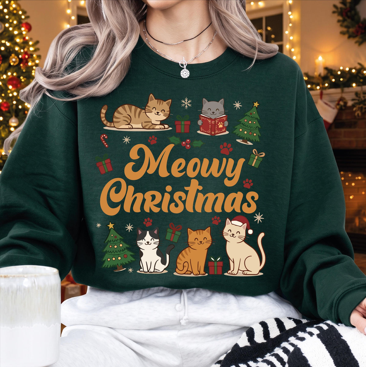 Meowy Christmas Sweatshirt, Funny Cat Christmas Shirt, Cute Kitten Holiday Sweater, Cat Lover Xmas Gift, Retro Christmas Cat Mom Apparel