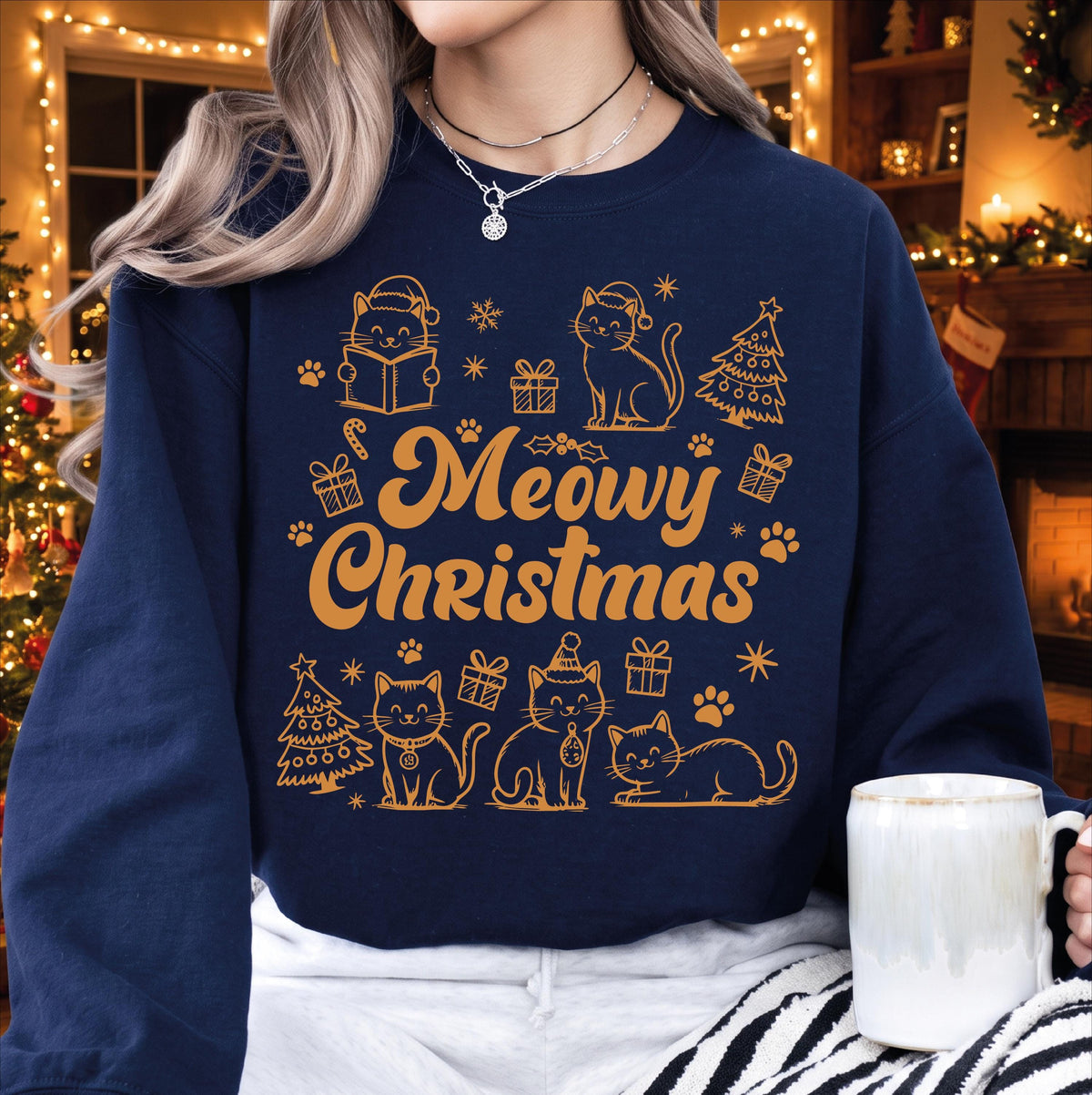 Meowy Christmas Sweatshirt, Funny Cat Christmas Shirt, Cute Kitten Holiday Sweater, Cat Lover Xmas Gift, Retro Christmas Cat Mom Apparel