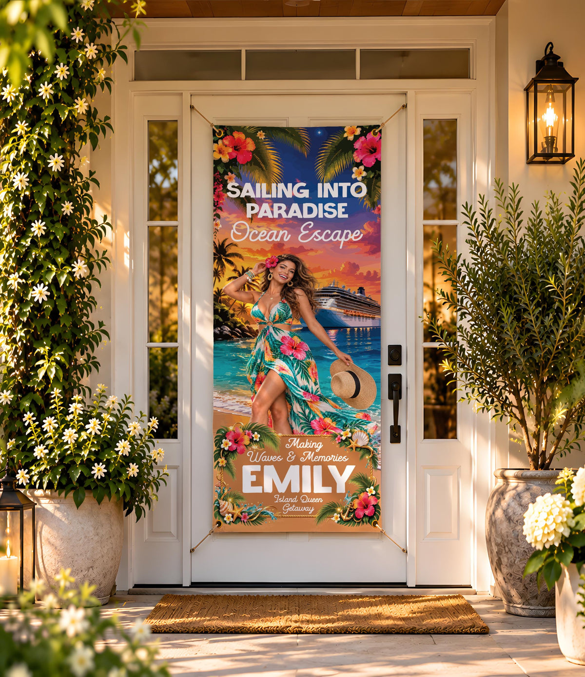 Sailing Into Paradise Banner, Custom Tropical Beach Door Banner, Girls Trip Cruise Decor, Family Vacation Door Cover, Hawaiian Decor Sign