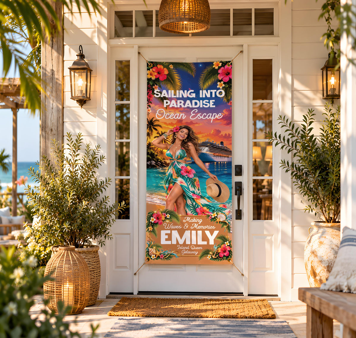 Sailing Into Paradise Banner, Custom Tropical Beach Door Banner, Girls Trip Cruise Decor, Family Vacation Door Cover, Hawaiian Decor Sign