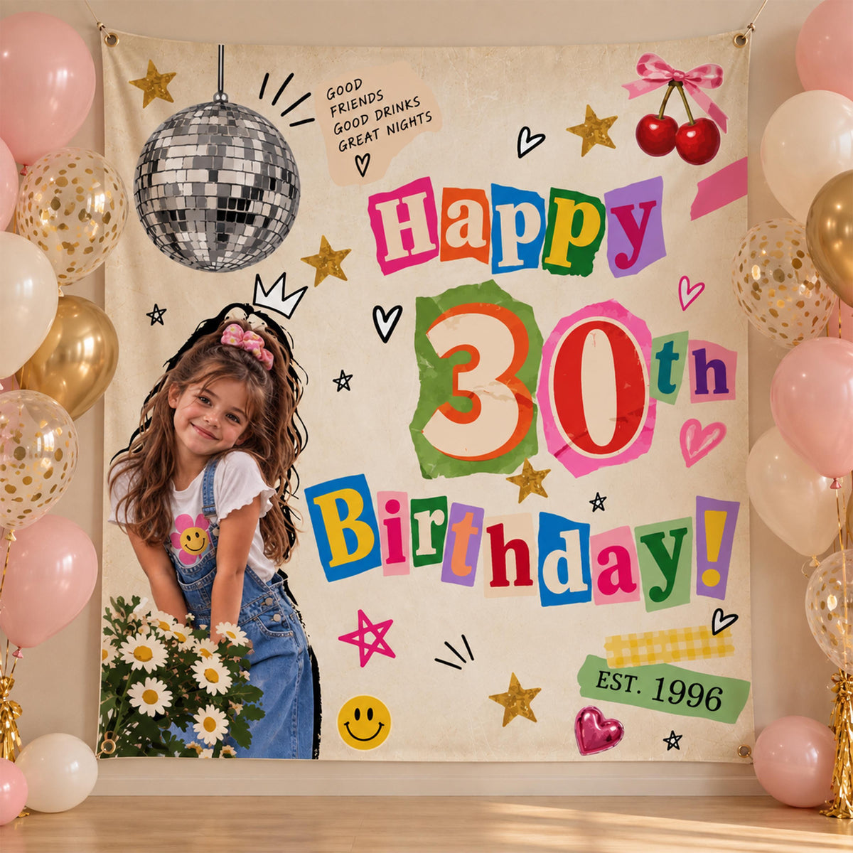 Custom 30th Birthday Photo Banner, Personalized Party Backdrop, Retro 90s Birthday Decorations, Cherry Disco Theme Bday Tapestry