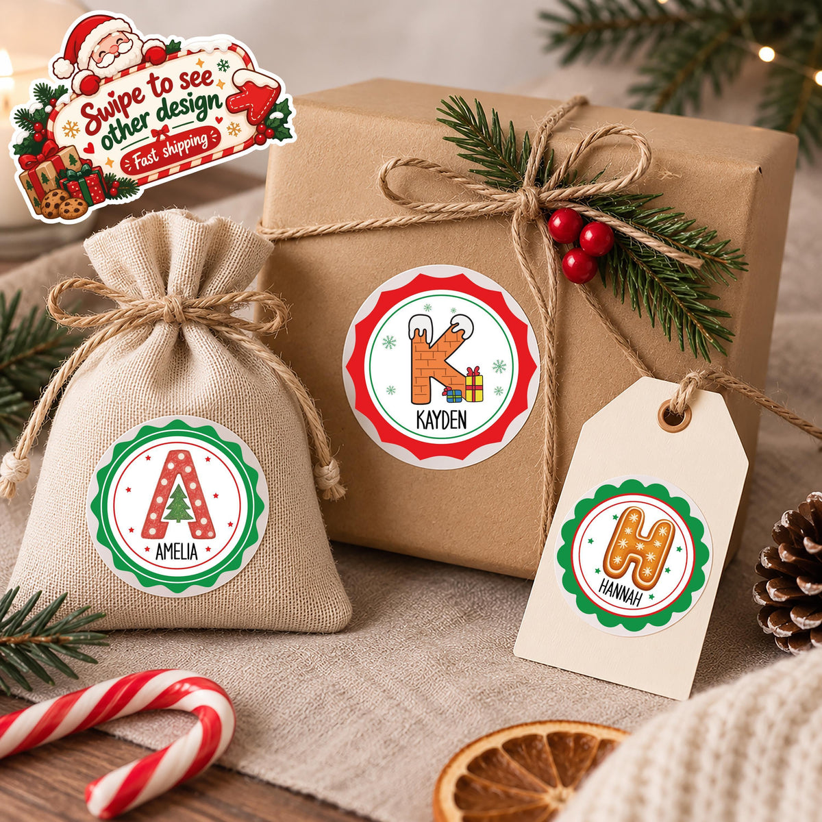 Personalized Christmas Initial Stickers, Custom Name Gift Tags, Holiday Monogram Labels, Kids Xmas Present Decal