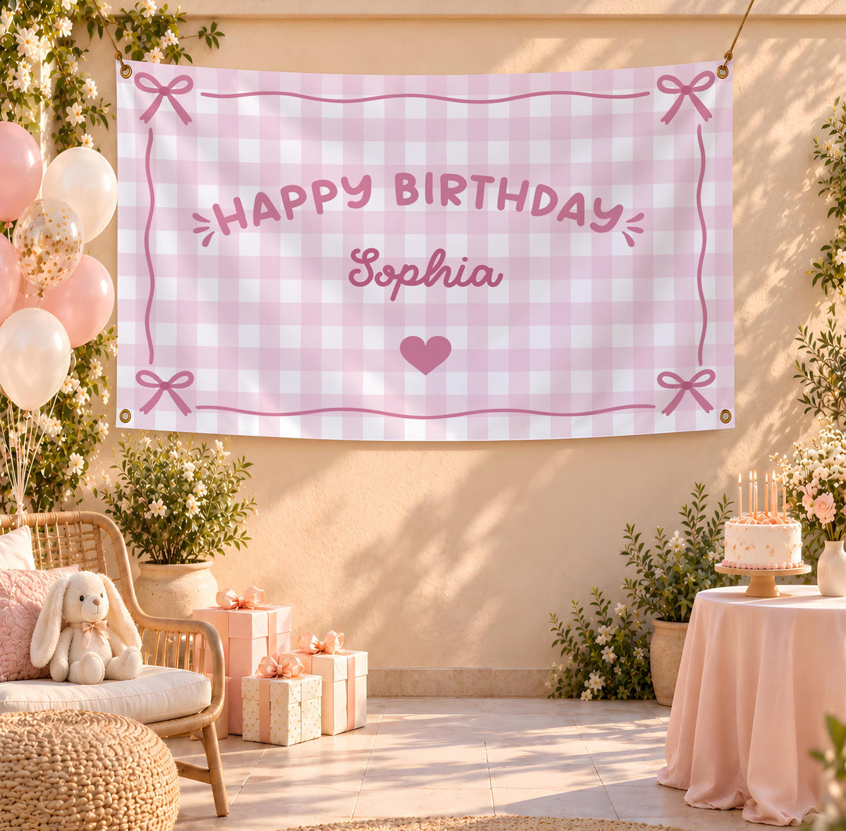 Personalized Pink Gingham Birthday Banner, Coquette Party Backdrop, Pink Bow Decor, Custom Name Sign, Preppy Birthday Tapestry