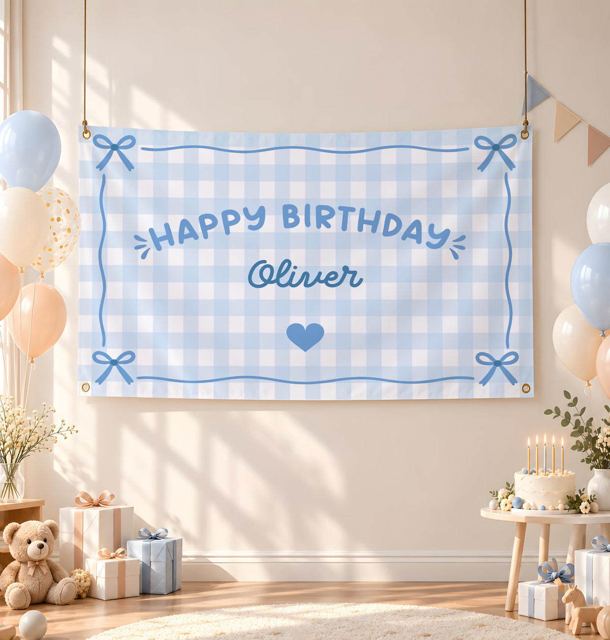 Personalized Pink Gingham Birthday Banner, Coquette Party Backdrop, Pink Bow Decor, Custom Name Sign, Preppy Birthday Tapestry