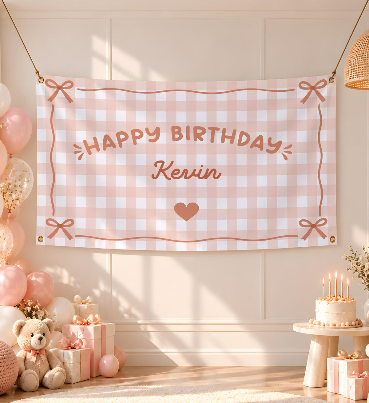 Personalized Pink Gingham Birthday Banner, Coquette Party Backdrop, Pink Bow Decor, Custom Name Sign, Preppy Birthday Tapestry