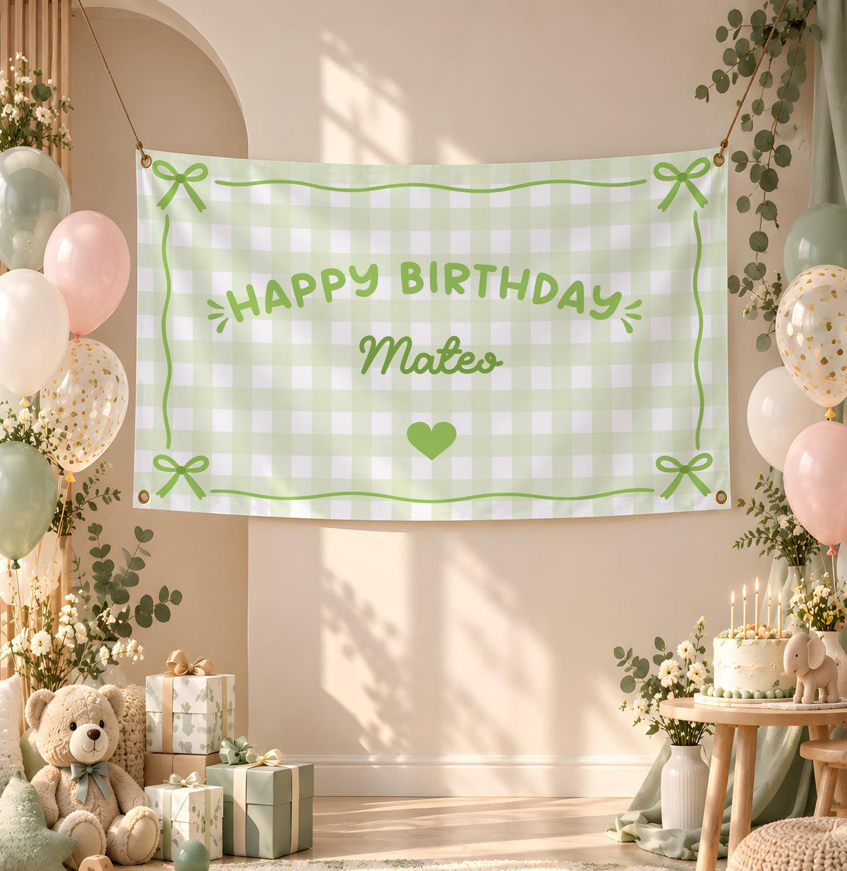 Personalized Pink Gingham Birthday Banner, Coquette Party Backdrop, Pink Bow Decor, Custom Name Sign, Preppy Birthday Tapestry