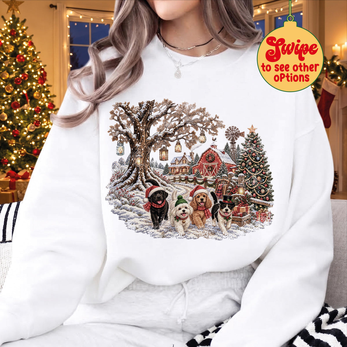 Vintage Christmas Dog Sweatshirt, Winter Farm Tee, Rustic Holiday Puppy Top, Cozy Barn Christmas Tree Graphic, Dog Mom Xmas Gift