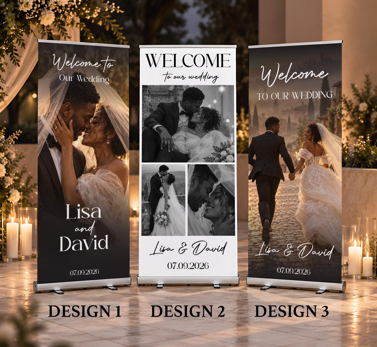 Retractable Custom Photo Wedding Banner, Elegant Bridal Standing Welcome Sign, Roll Up Reception Decor