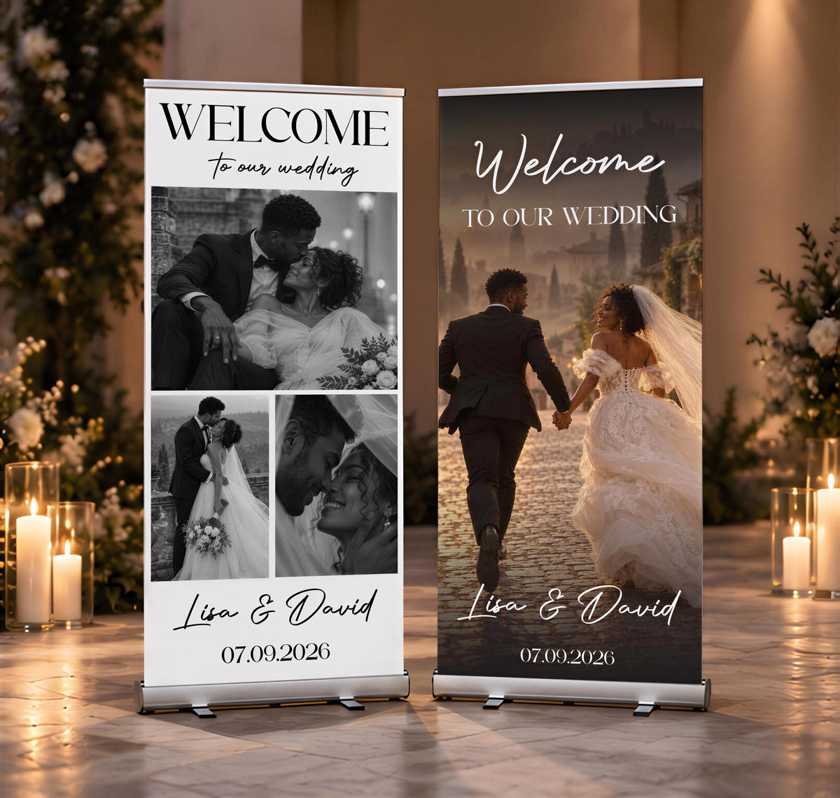 Retractable Custom Photo Wedding Banner, Elegant Bridal Standing Welcome Sign, Roll Up Reception Decor