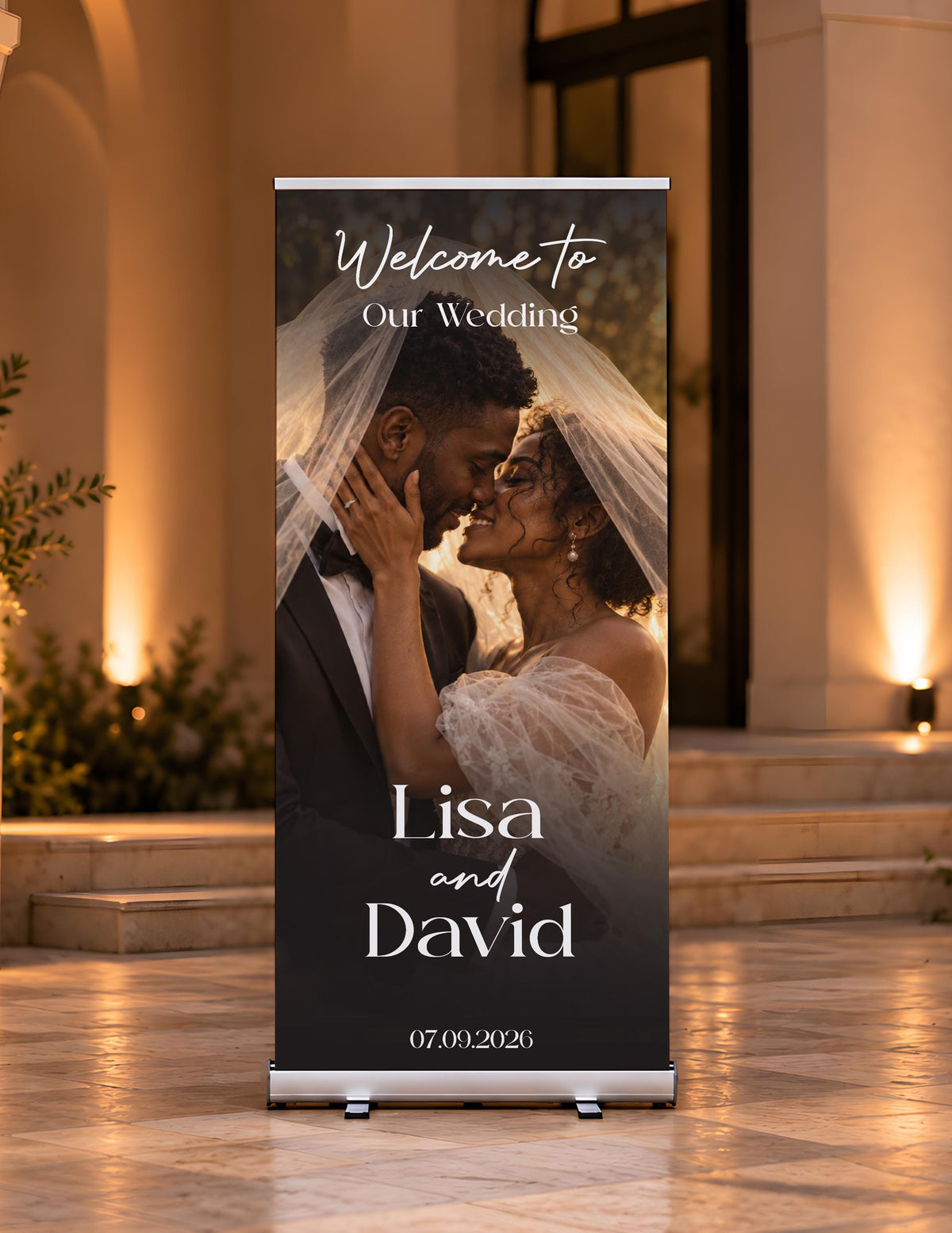Retractable Custom Photo Wedding Banner, Elegant Bridal Standing Welcome Sign, Roll Up Reception Decor