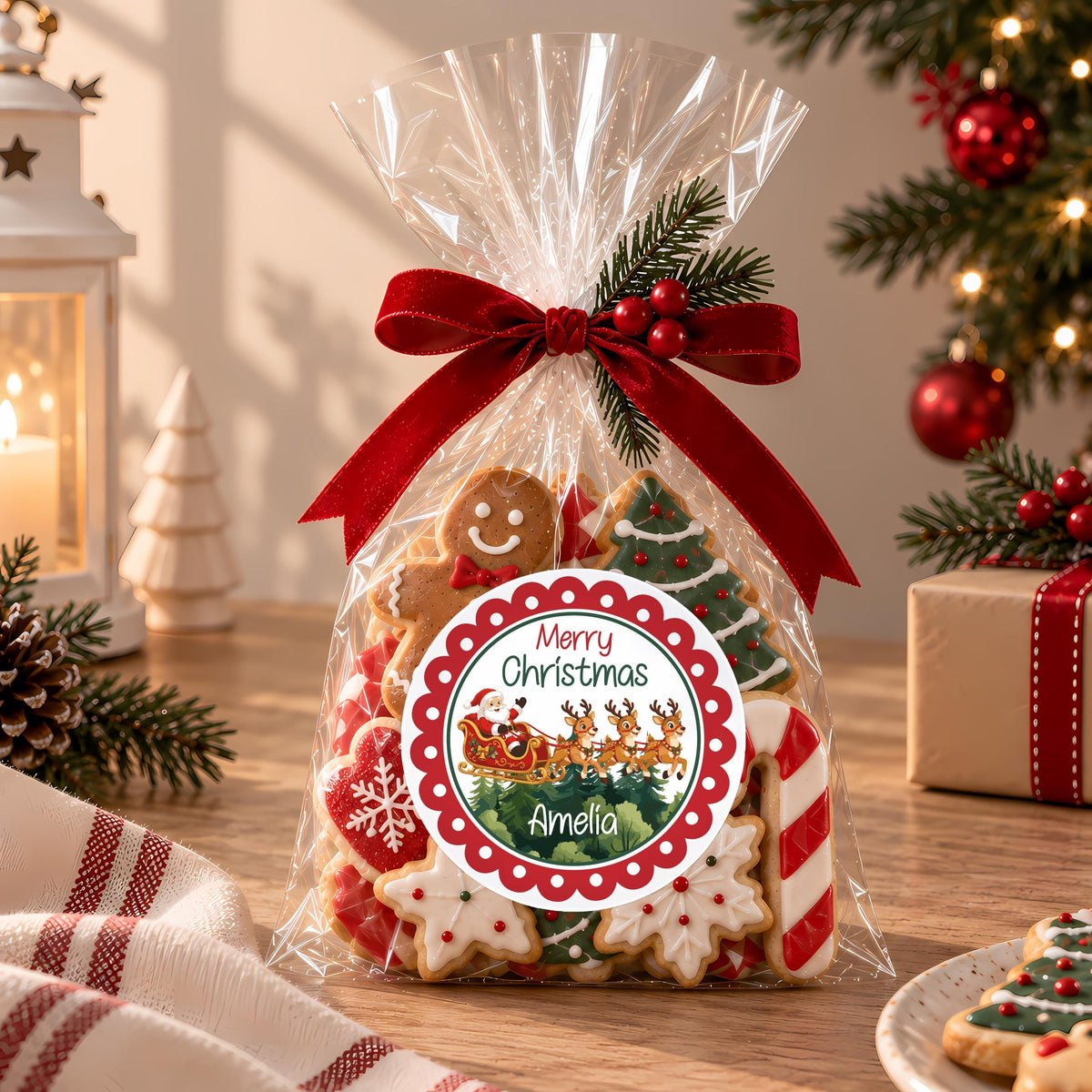 Santa Sleigh Gift Labels, Personalized Merry Christmas Stickers, Custom Holiday Packaging Seal, Kids Party Favor Tag