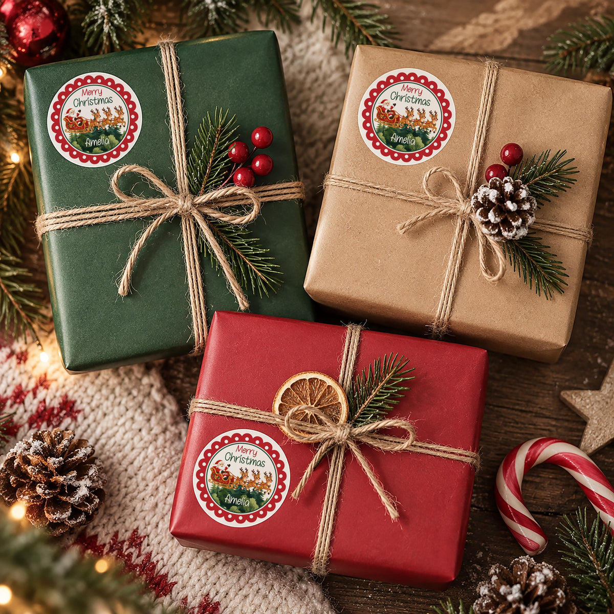 Santa Sleigh Gift Labels, Personalized Merry Christmas Stickers, Custom Holiday Packaging Seal, Kids Party Favor Tag