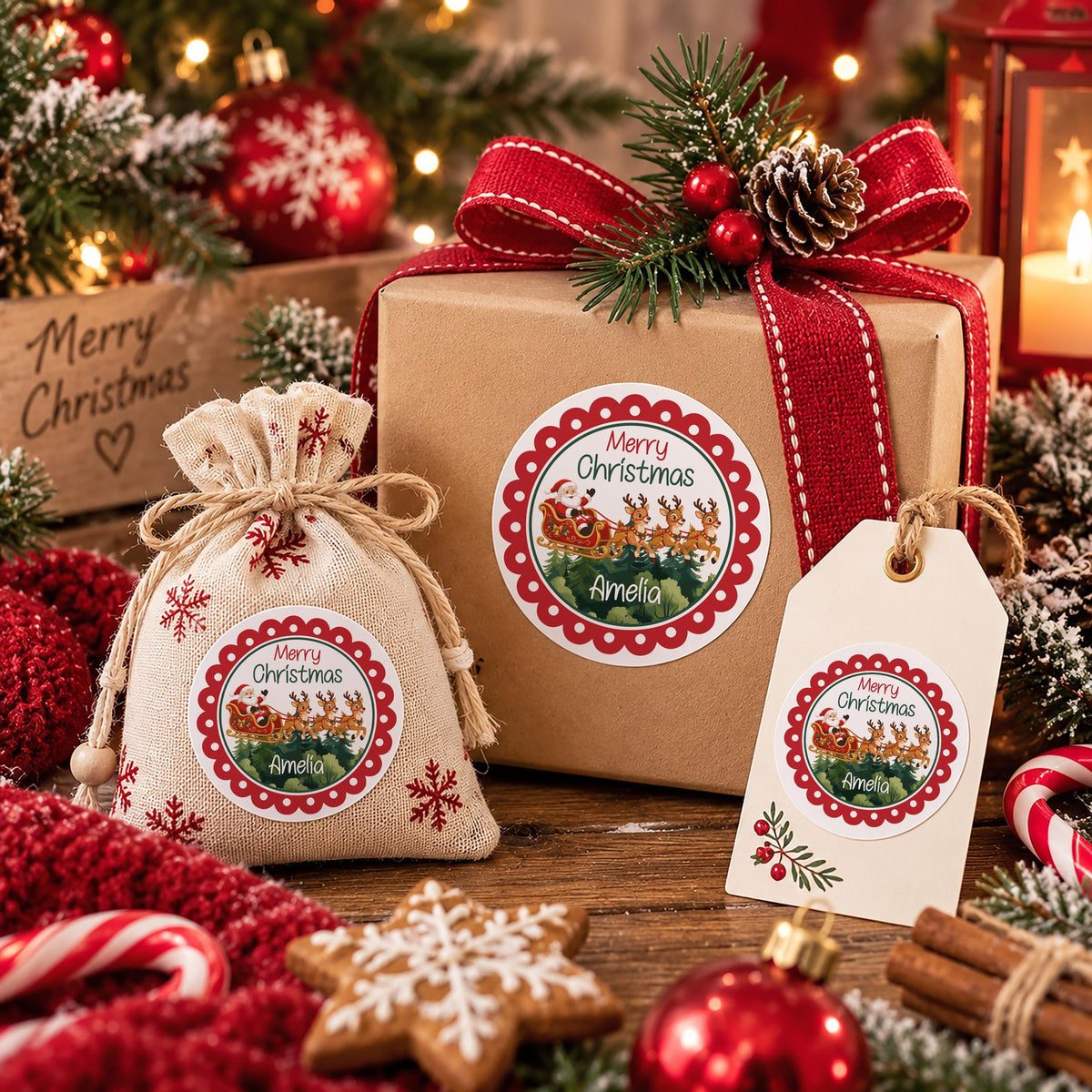 Santa Sleigh Gift Labels, Personalized Merry Christmas Stickers, Custom Holiday Packaging Seal, Kids Party Favor Tag