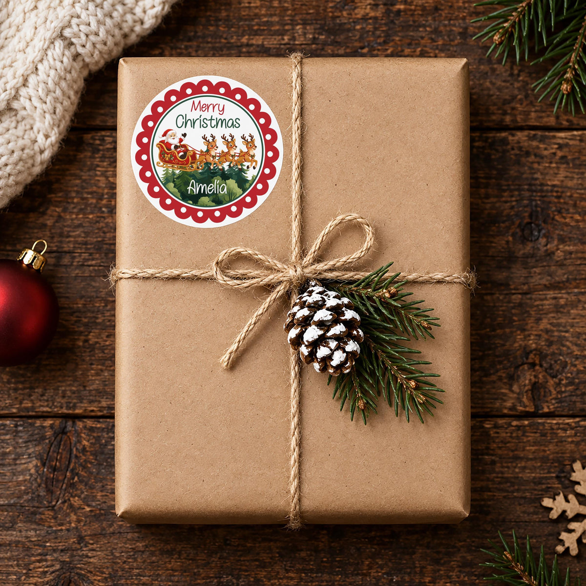 Santa Sleigh Gift Labels, Personalized Merry Christmas Stickers, Custom Holiday Packaging Seal, Kids Party Favor Tag