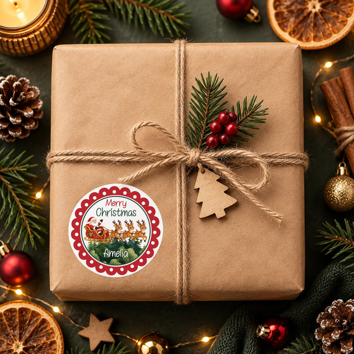 Santa Sleigh Gift Labels, Personalized Merry Christmas Stickers, Custom Holiday Packaging Seal, Kids Party Favor Tag