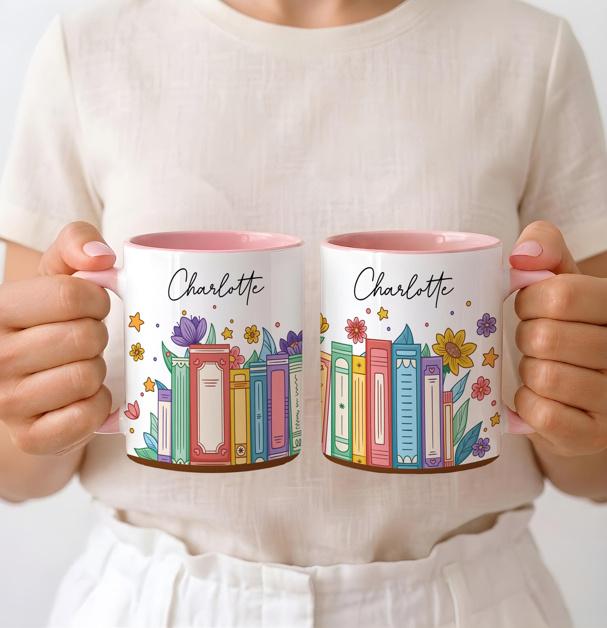 Personalized Floral Bookshelf Mug, Custom Name Reader Coffee Cup, Unique Book Lover Birthday Appreciation Gift Idea, Cute Accent Drinkware