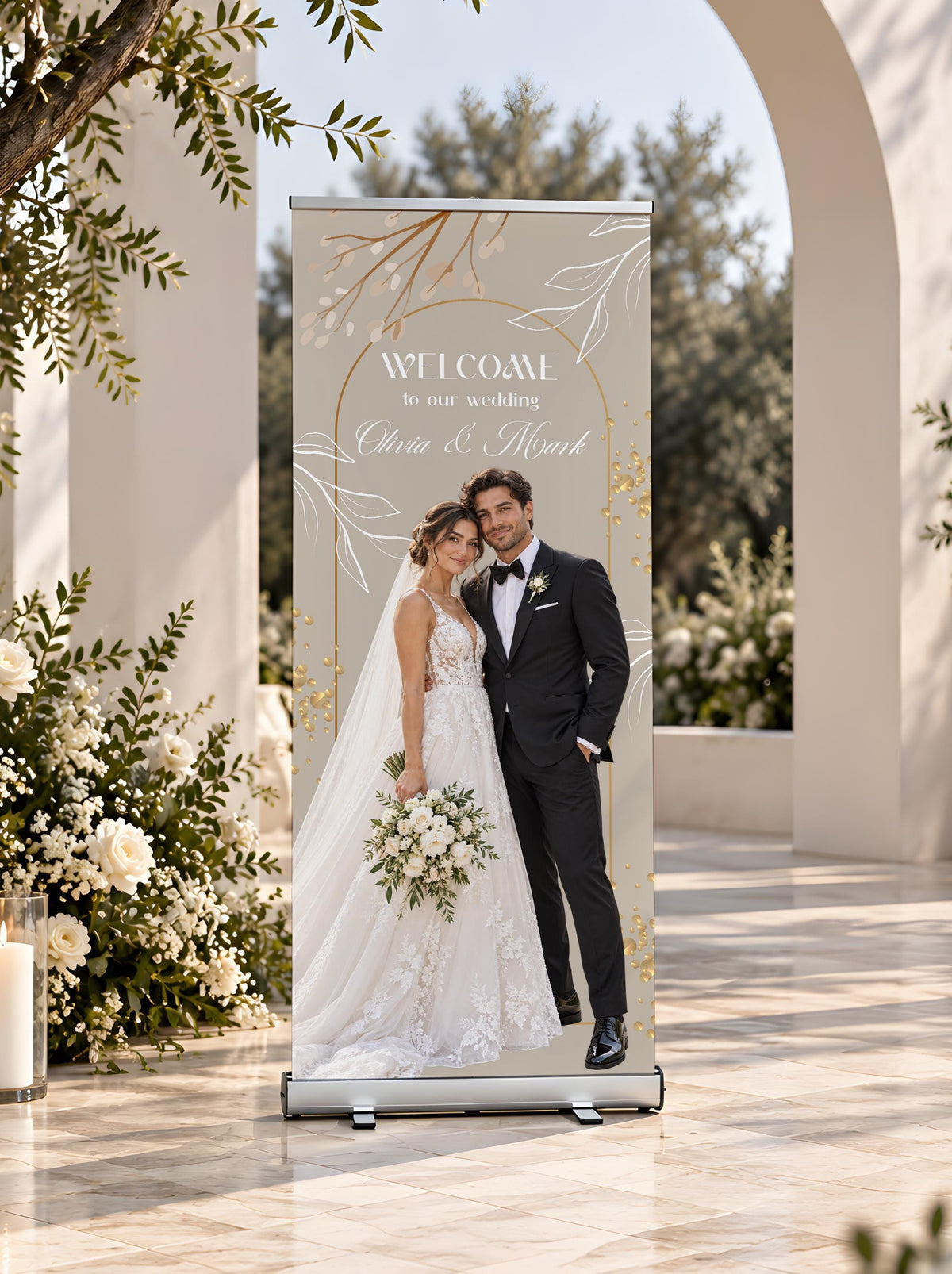 Custom Photo Wedding Retractable Banner, Elegant Bridal Standing Welcome Sign, Roll Up Reception Decor