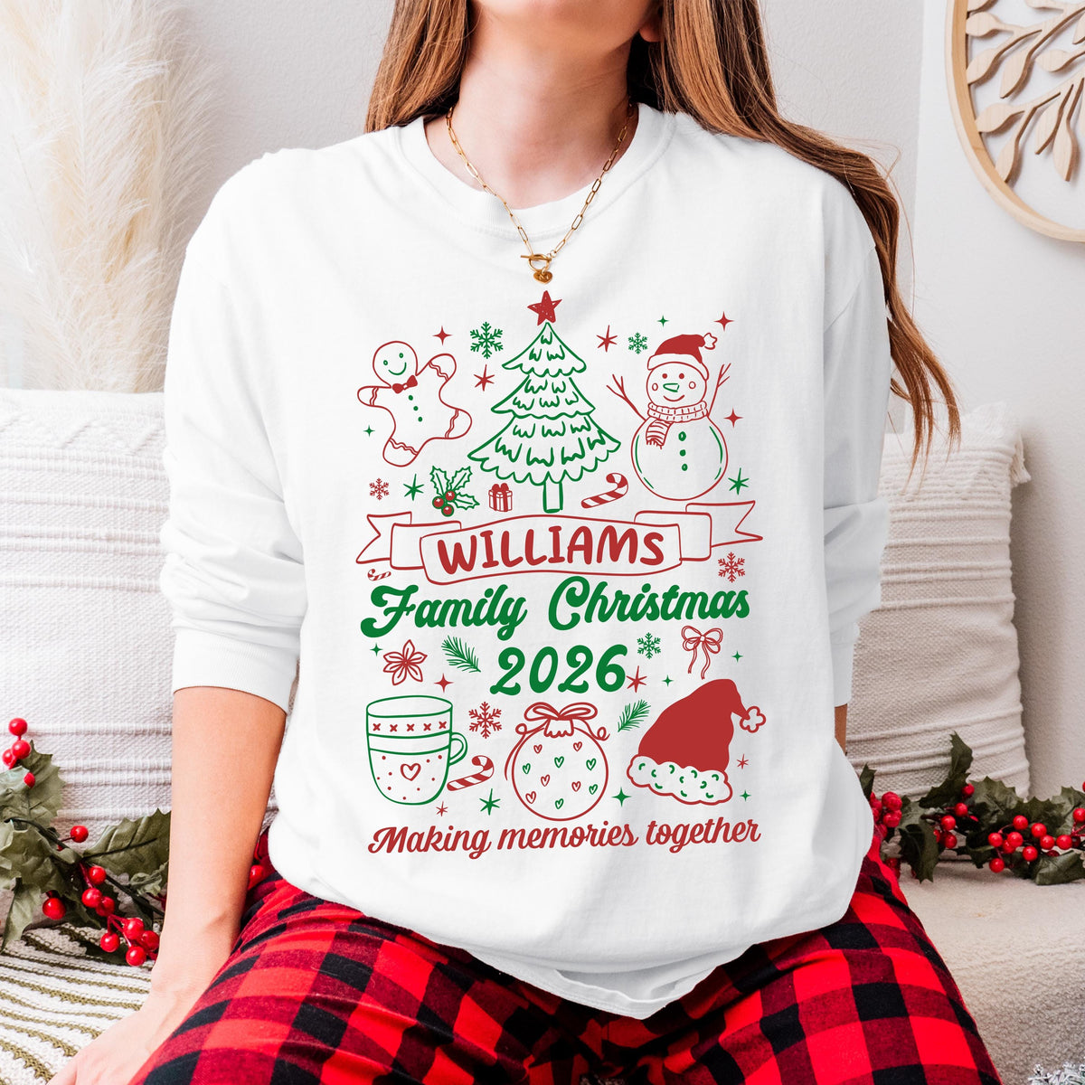 Christmas Family Name Comfort Colors® Shirt, Custom Holiday Crew Tee, Xmas Family Matching Long Sleeve