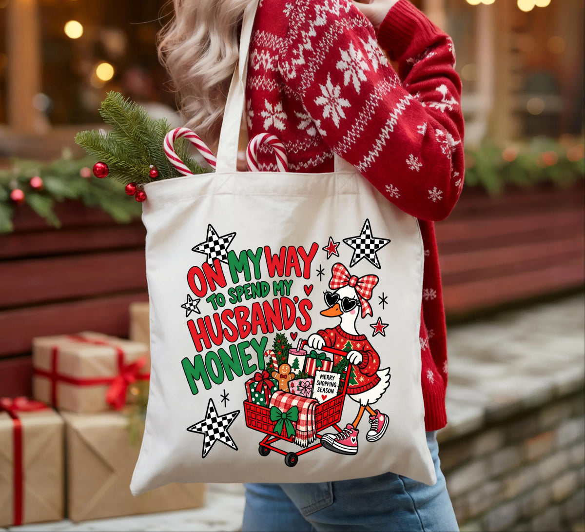 Christmas Wife Tote Bag, Holiday Goose Tote, Funny Xmas Women Gift Bag